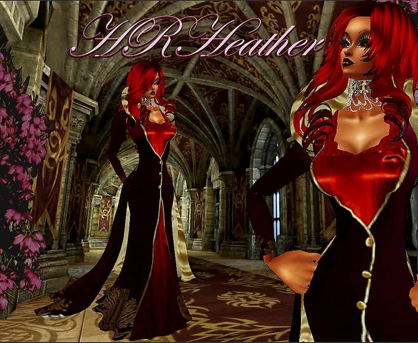 HRHeather's gothic Queen blood red velvet exterior, gold interior, and fire engine red slipper satin formal gown with gold thistle pattern silk borders. A very heavy, slinky, slippery satin gown of rich and lustrous slipper satin, with heavy blood red train, black interior, long sleeves, a Basque waistline, and short black lined Queen's collar. A very realistic looking gown. Definitely dry clean only. Any woman of means will want this fantastic couture antique, but it is made specially for Royalty of the Gothic demonic, vampiric persuasion. Definitely can be worn by any creature of the night as regular night wear, and just for slinking around the castle. Perfect for Halloween. Perfect for all dark Royalty, Empresses, and the very well to do elite society of Imvu.