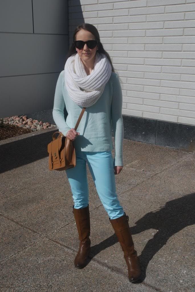 monochrome outfits, spring 2014 trends, Pastels, How to wear mint green Gap Jeans, Banana Republic Scarf, Riding Boots, Cross-body bag, outfit ideas, trends, how to wear mint green.