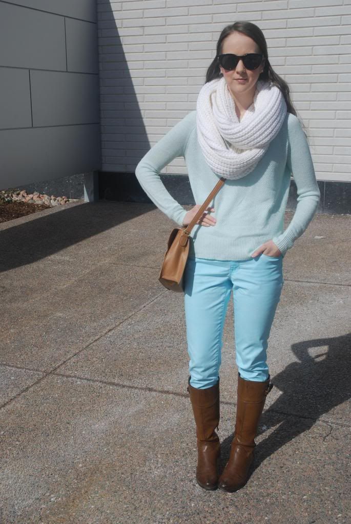 Infinity Scarf, Banana Republic, Sunglasses, Spring Trends Gap Jeans, Banana Republic Scarf, Riding Boots, Cross-Body Bag, Smart Set Sweater, Pastels, Mint green, monochrome outfits.