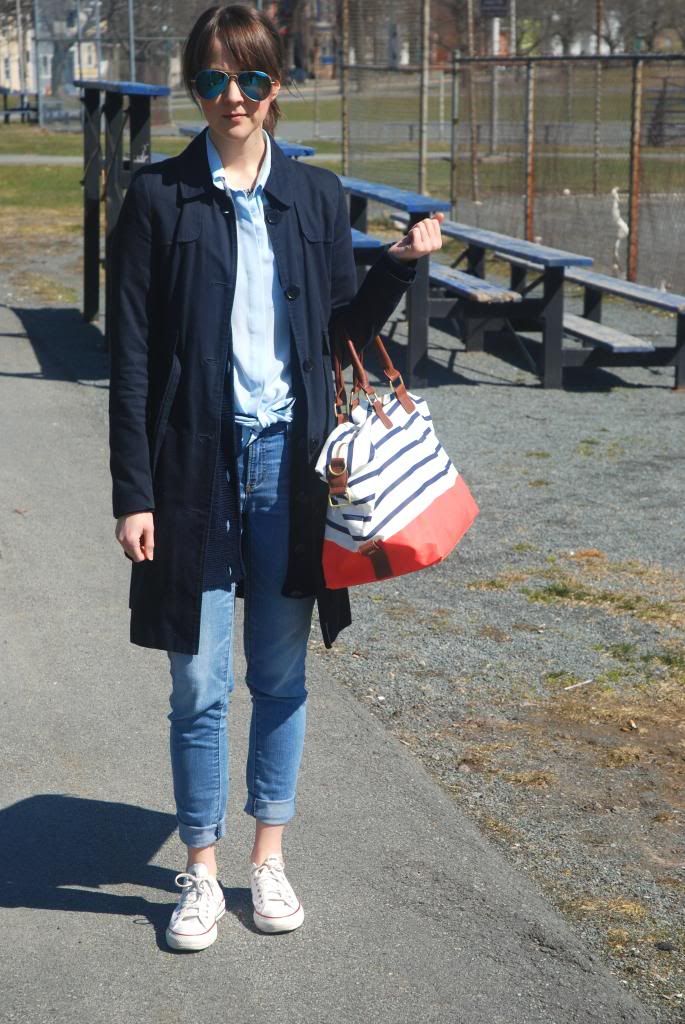 Joe Fresh Silk Blouse, Powder Blue , Spring Fashion, Mirorred Sunglasses, Statement Necklace