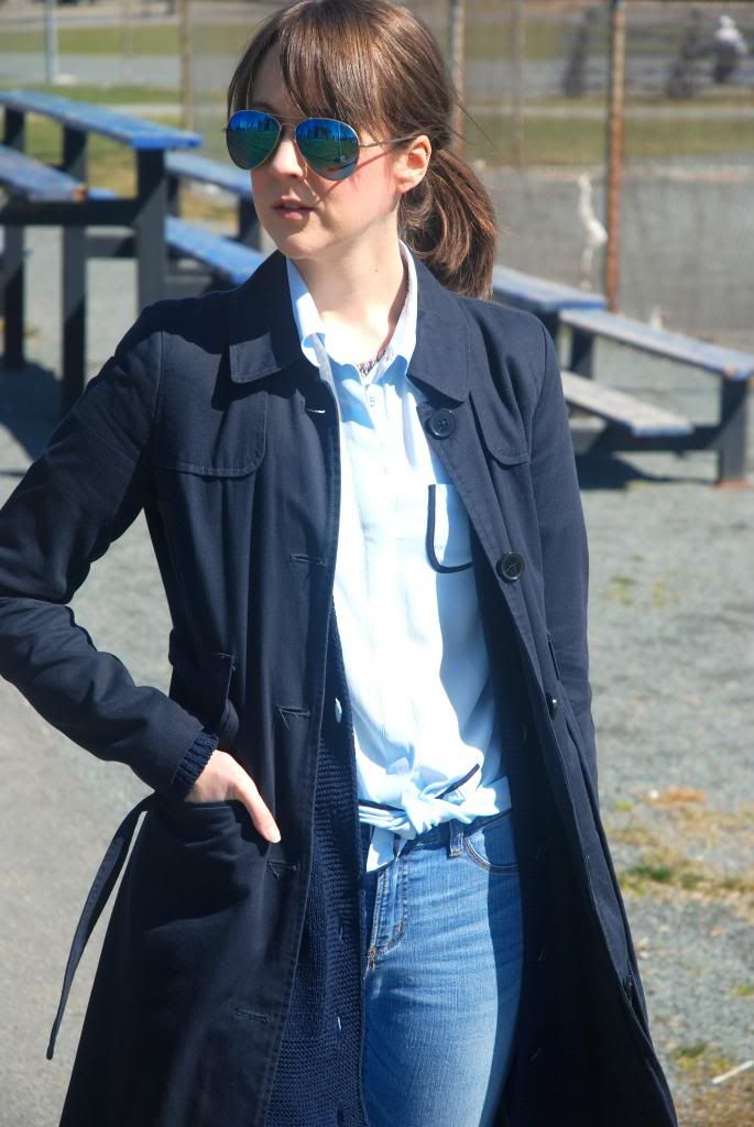 Joe Fresh Silk Blouse, Powder Blue , Spring Fashion, Mirorred Sunglasses, Statement Necklace, Old Navy Bag, Weekend Bag, Stripes, Joe Fresh