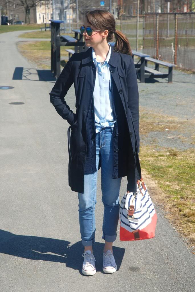 Joe Fresh Silk Blouse, Powder Blue , Spring Fashion, Mirorred Sunglasses, Statement Necklace