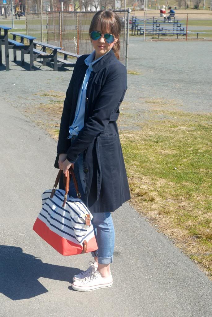 Joe Fresh Silk Blouse, Powder Blue , Spring Fashion, Mirorred Sunglasses, Statement Necklace