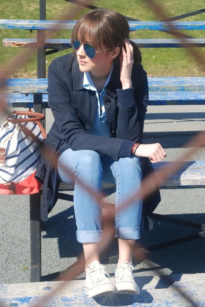 Joe Fresh Silk Blouse, Powder Blue , Spring Fashion, Mirorred Sunglasses, Statement Necklace