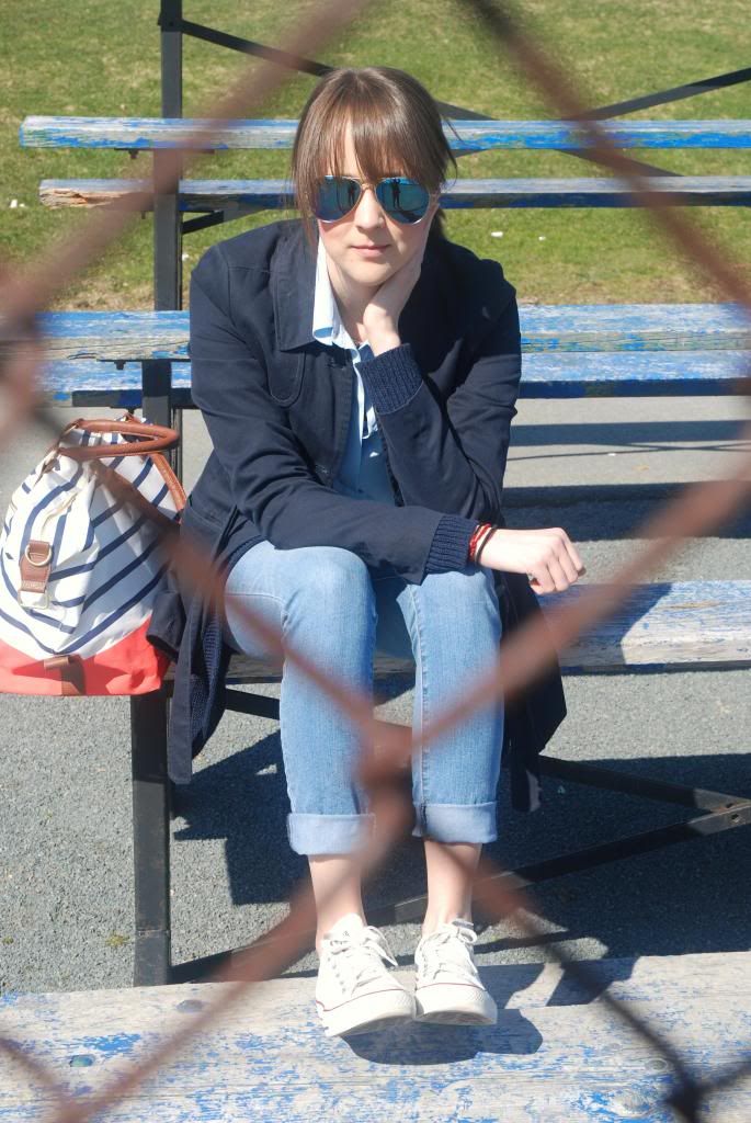 Joe Fresh Silk Blouse, Powder Blue , Spring Fashion, Mirorred Sunglasses, Statement Necklace Joe Fresh Silk Blouse, Powder Blue , Spring Fashion, Mirorred Sunglasses, Statement Necklace