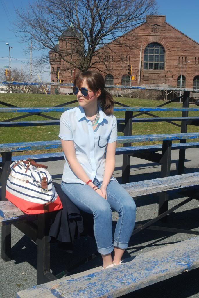 Joe Fresh Silk Blouse, Powder Blue , Spring Fashion, Mirorred Sunglasses, Statement Necklace