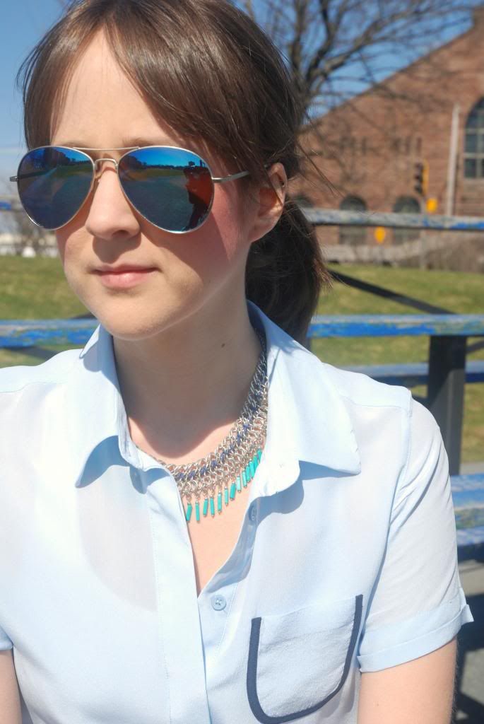 Joe Fresh Silk Blouse, Powder Blue , Spring Fashion, Mirorred Sunglasses, Statement Necklace
