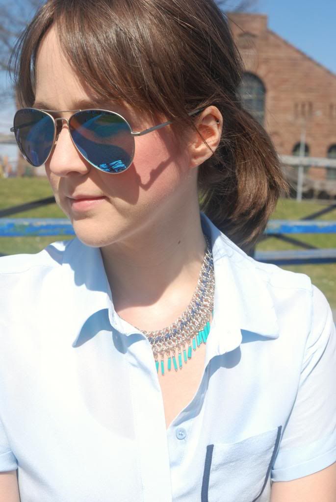 Joe Fresh Silk Blouse, Powder Blue , Spring Fashion, Mirorred Sunglasses, Statement Necklace, Causal Chic,